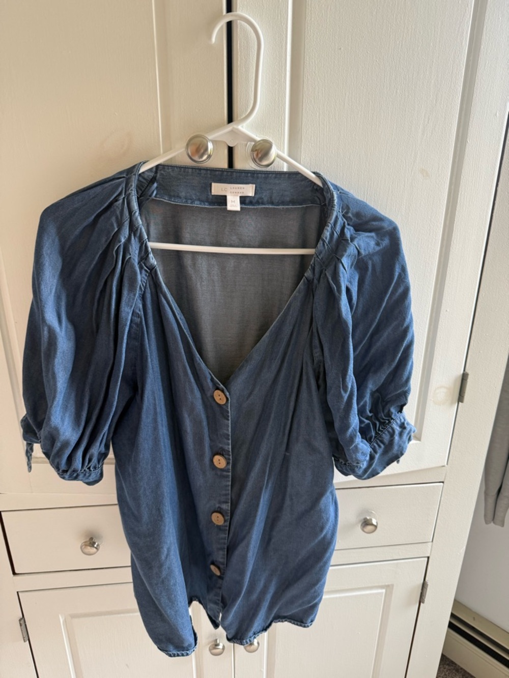 LC Lauren Conrad Blue Button-Front Puff Sleeve Blouse